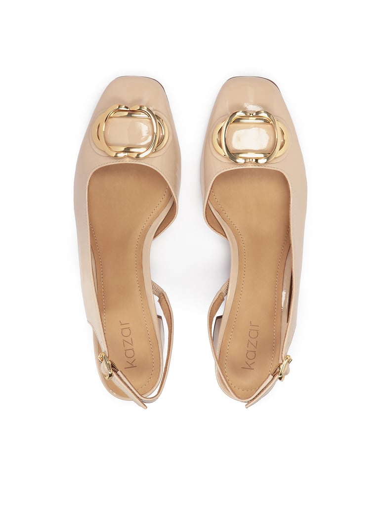 Kazar-Patent-leather-pumps-with-open-heel-on-a-low-post-béžová