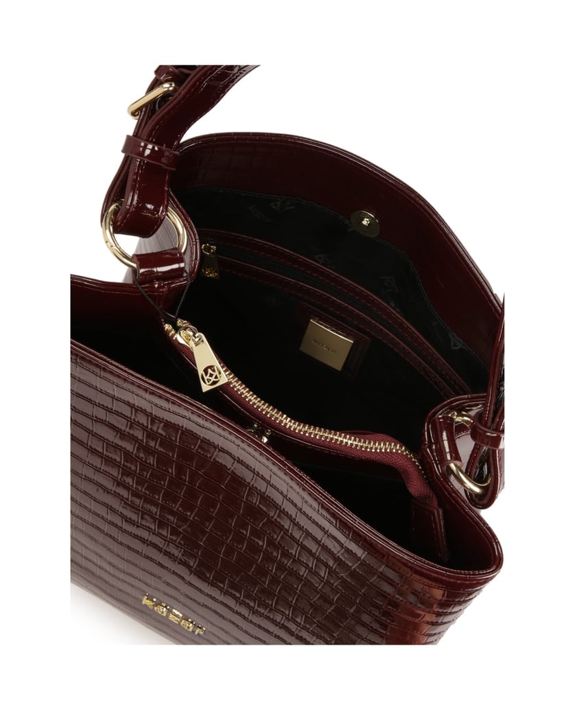 Kazar-Maroon-patent-handbag-with-exotic-pattern-červená
