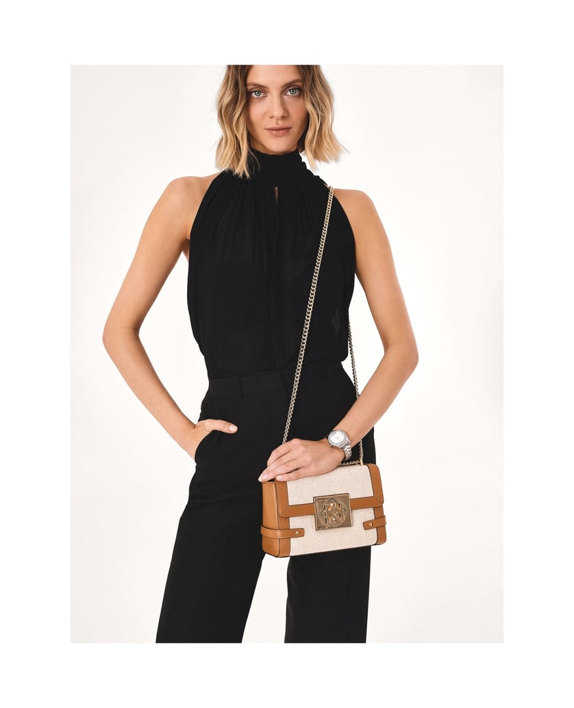 Kazar-Beige-Leinen-Stoff-Kette-Handtasche-schwarz