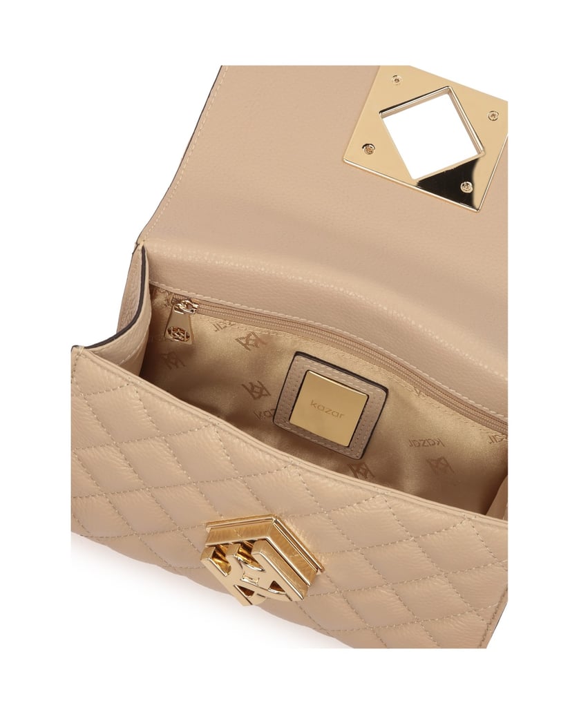 Kazar-Gesteppte-beige-Handtasche-an-einer-gold-beige