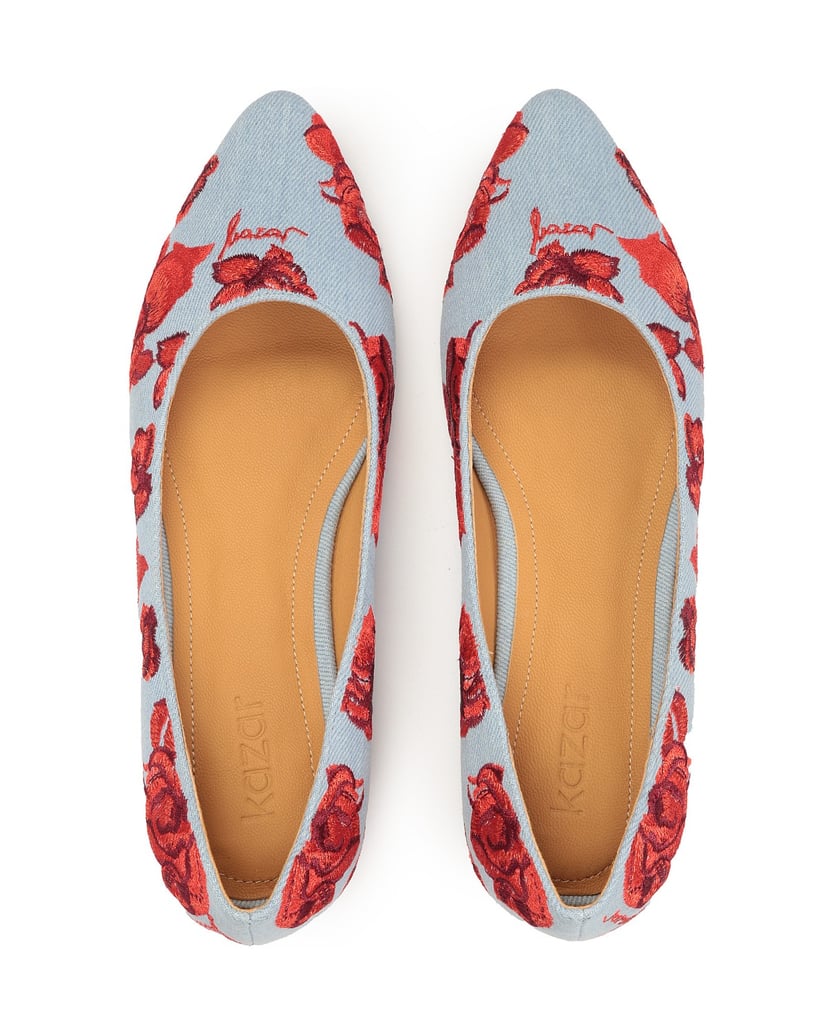 Kazar-Flache-Ballerinas-aus-Denim-Stoff-mit-fl-blau