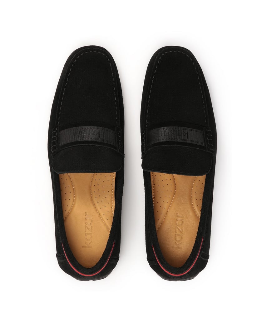 Kazar-Black-suede-moccasins-embellished-with-logo-ribbon-černá