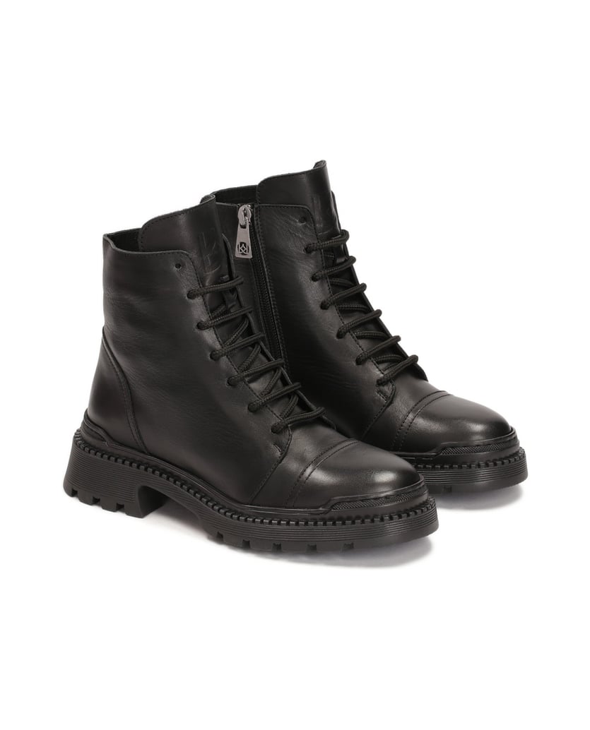 Kazar-Niedrige-flache-Lederstiefel-mit-Schnürs-schwarz