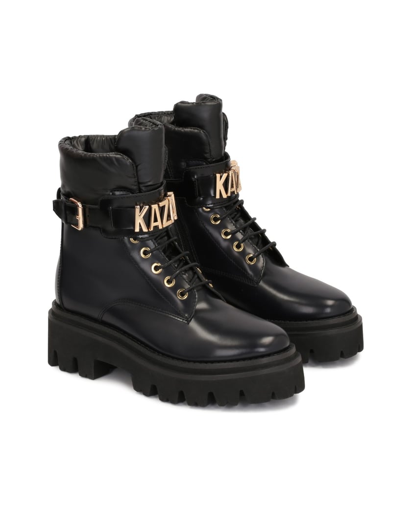 Kazar-Flache-Damenstiefel-aus-Leder-mit-Riemen-schwarz