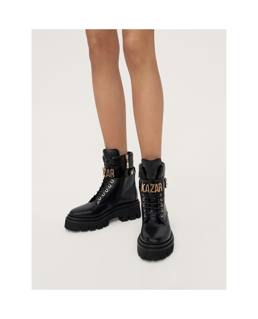 Kazar-Flache-Damenstiefel-aus-Leder-mit-Riemen-schwarz