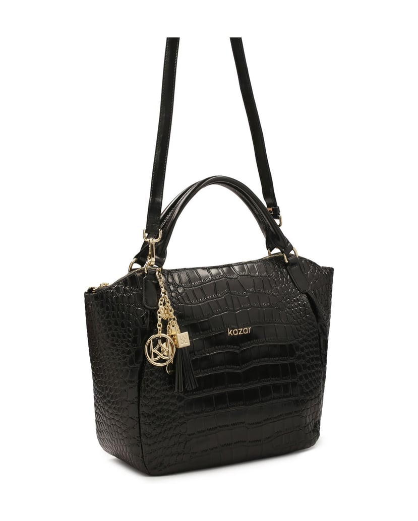 Kazar-Black-handbag-with-detachable-strap-in-embossed-crocodile-pattern-černá