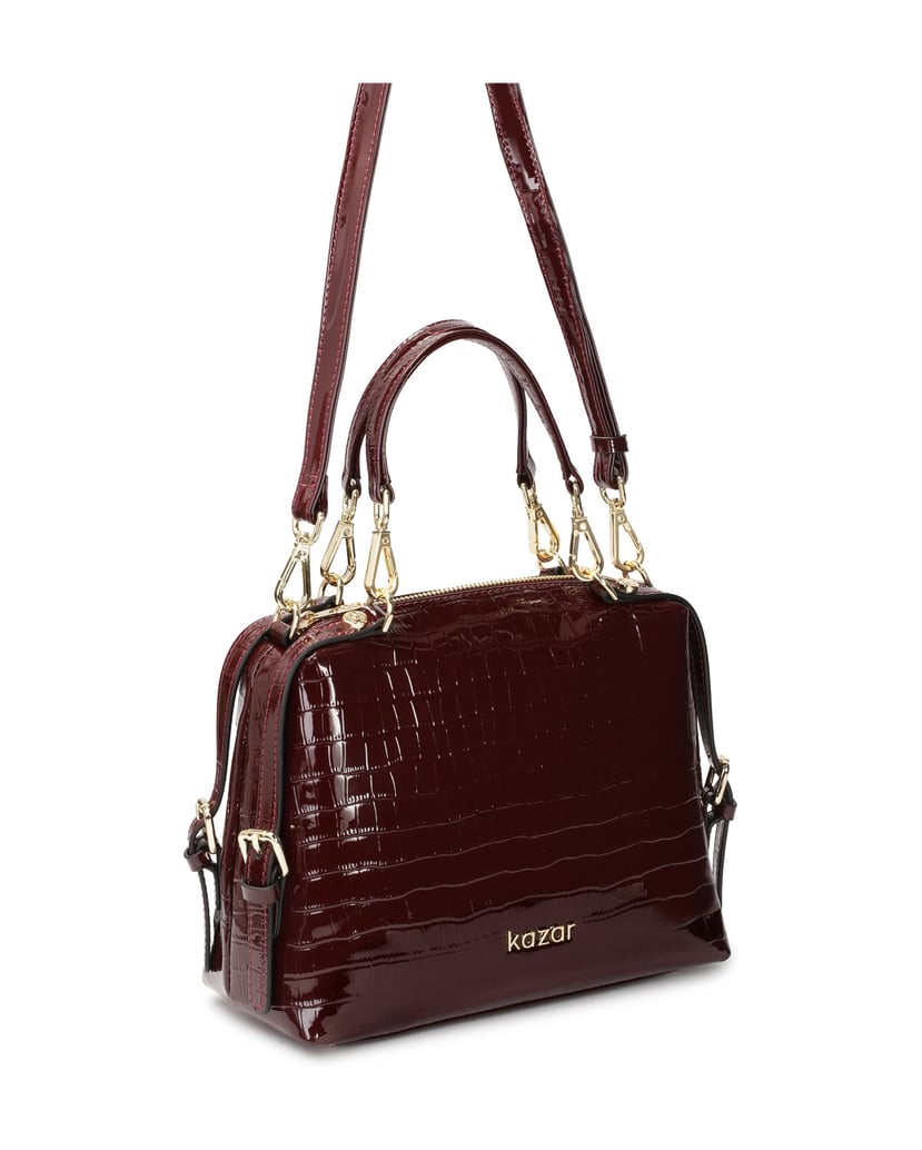 Kazar-Maroon-embossed-patent-leather-handbag-červená