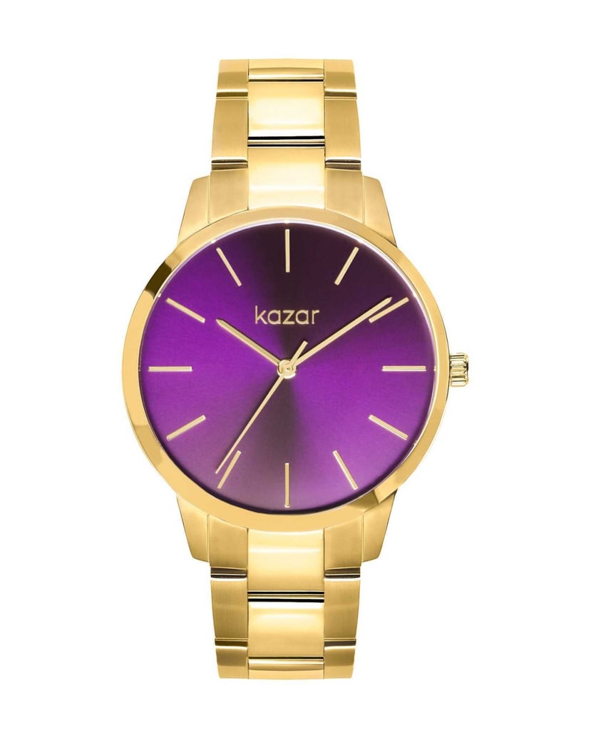 Kazar-Uhr-mit-lila-Zifferblatt-und-goldenem-Ar-lila
