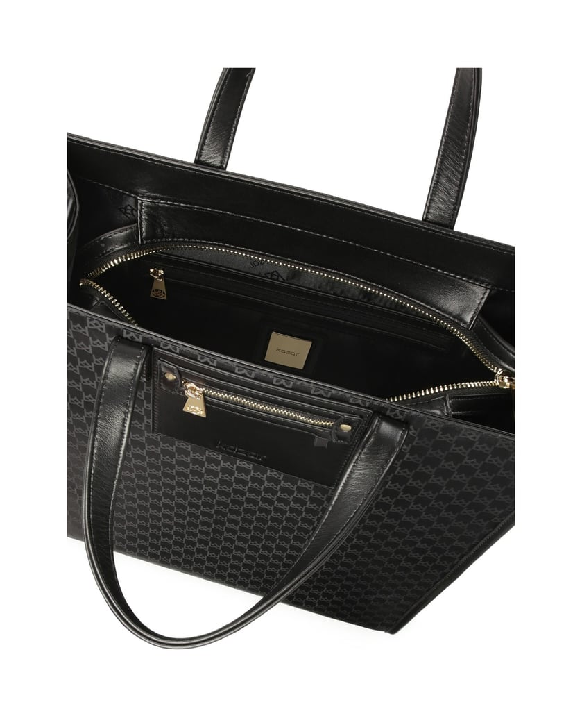 Kazar-Black-monogrammed-fabric-handbag-by-KAZAR-černá