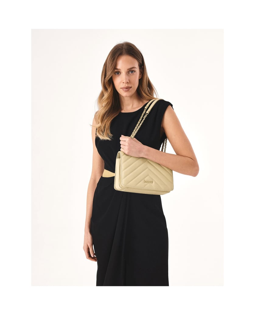 Kazar-Beigefarbene-Kettenhandtasche-mit-Ledere-beige