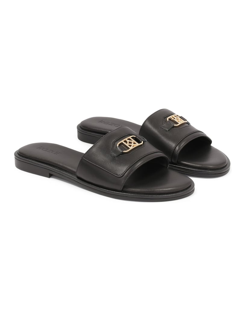 Kazar-Black-monogrammed-slides-on-a-flat-sole-černá