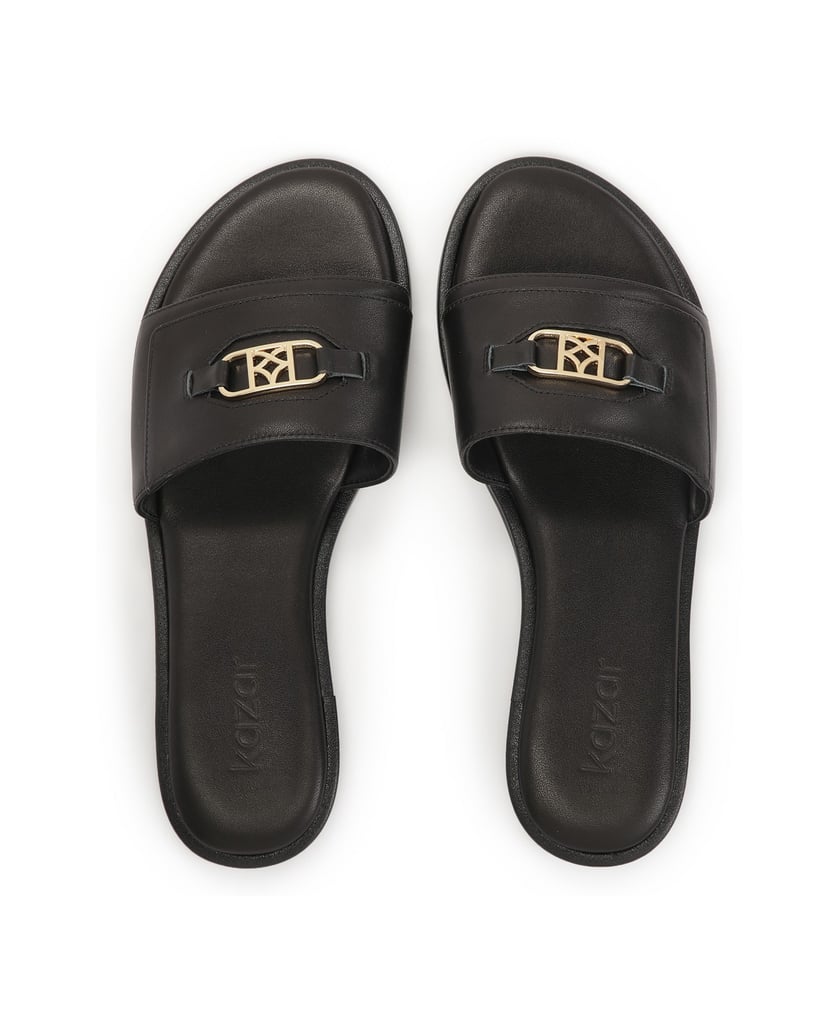 Kazar-Black-monogrammed-slides-on-a-flat-sole-černá
