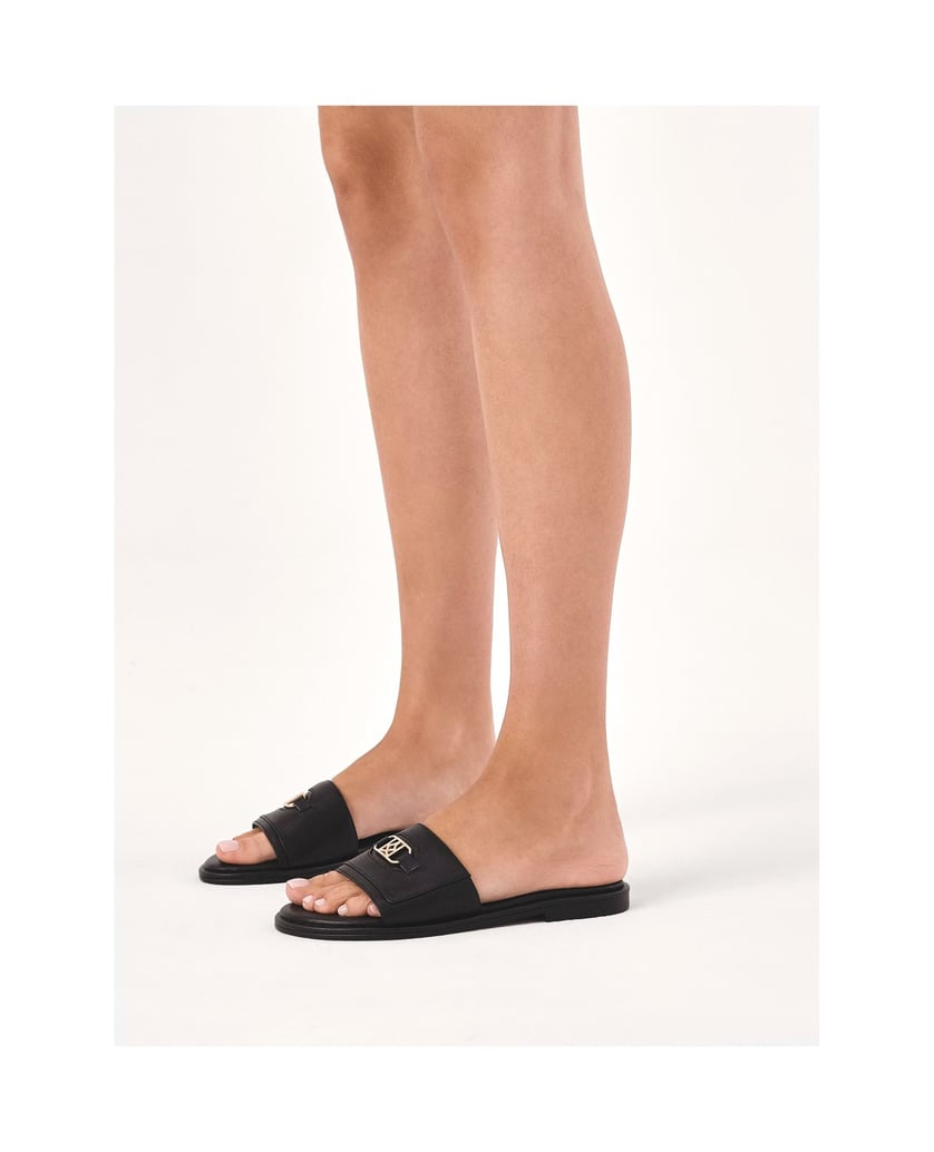 Kazar-Black-monogrammed-slides-on-a-flat-sole-černá