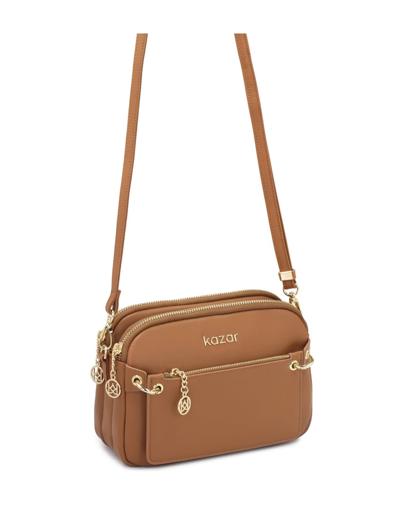 Kazar-Hellbraune-Lederhandtasche-mit-Riemen-camel