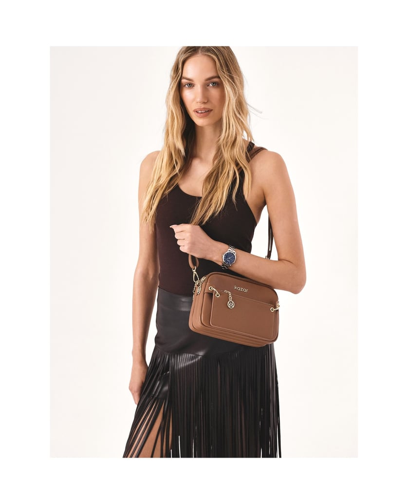 Kazar-Hellbraune-Lederhandtasche-mit-Riemen-camel