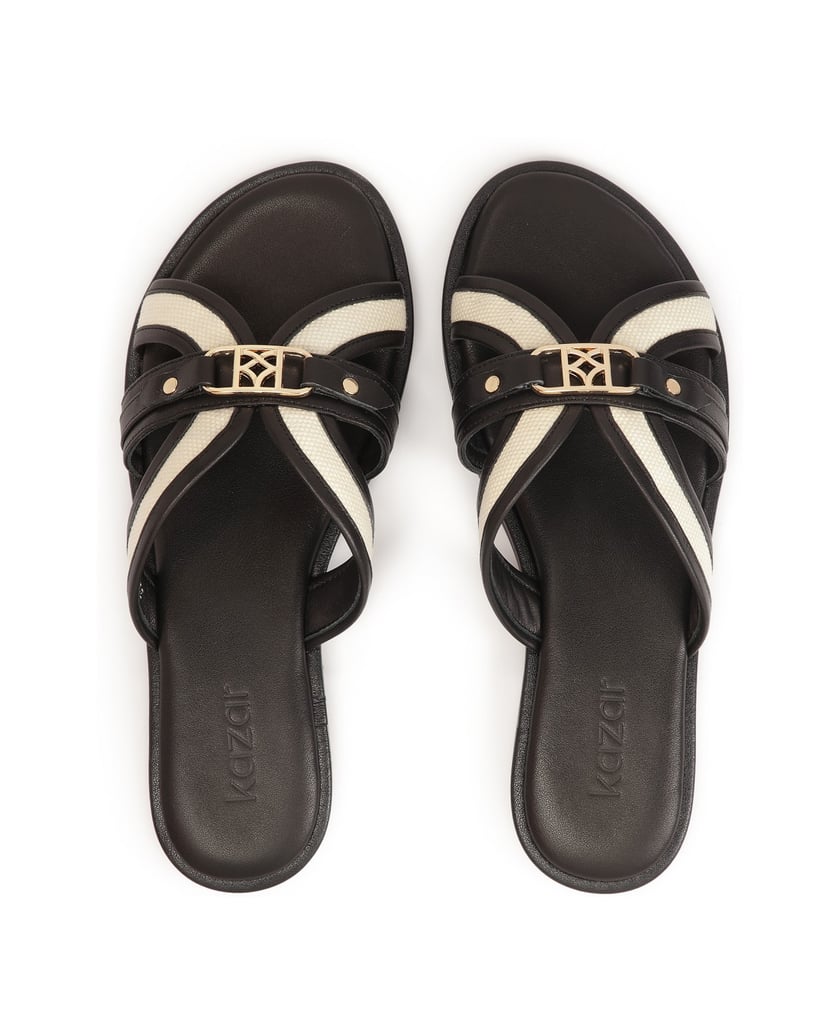 Kazar-Bequeme-Pantoletten-aus-Leder-und-Stoff-schwarz