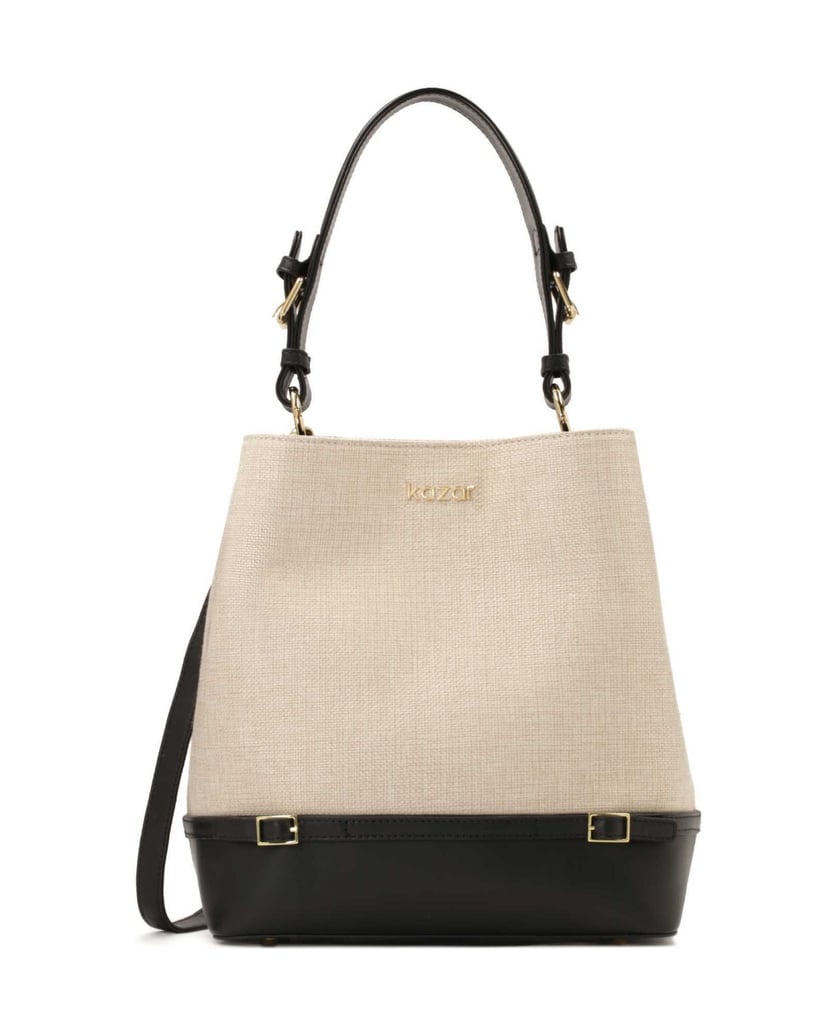 Kazar-Handbag-in-canvas-fabric-and-black-leather-béžová
