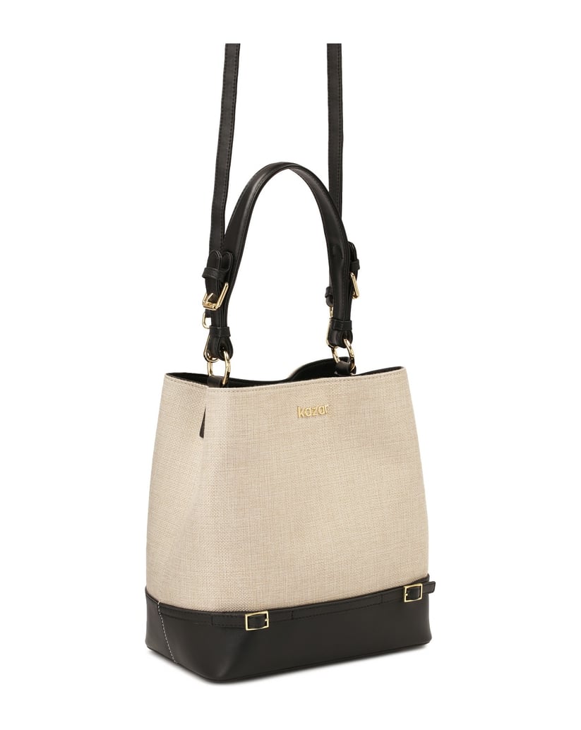 Kazar-Handbag-in-canvas-fabric-and-black-leather-béžová