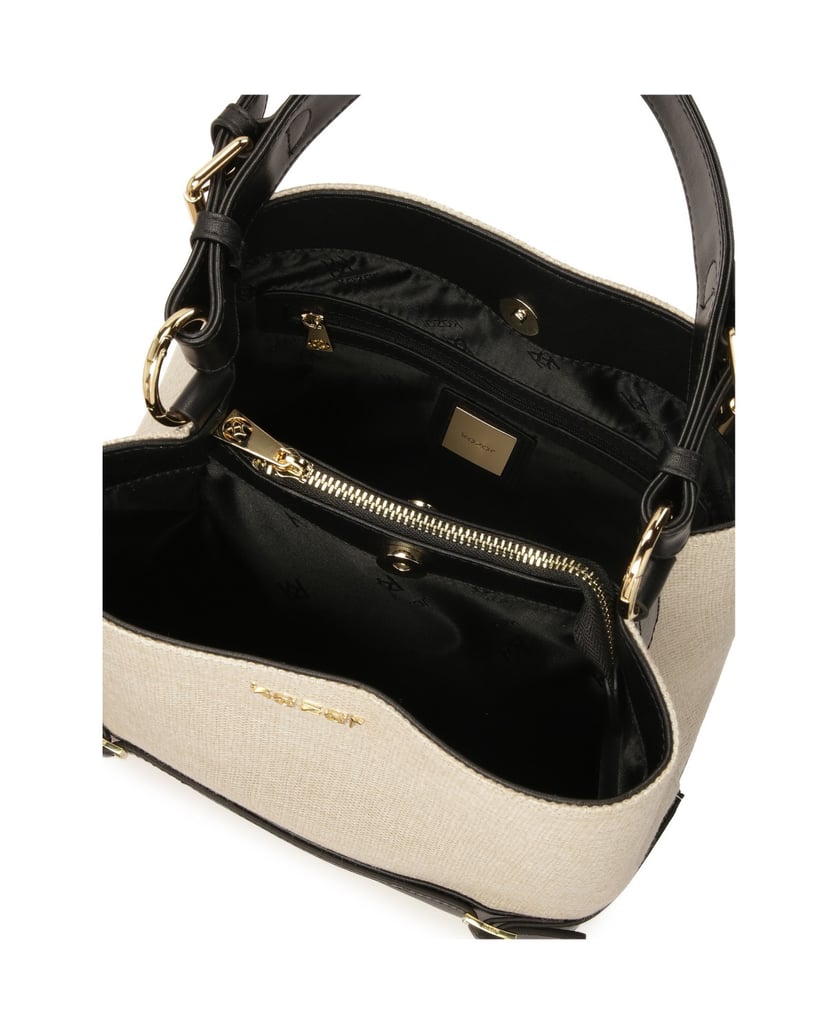 Kazar-Handbag-in-canvas-fabric-and-black-leather-béžová