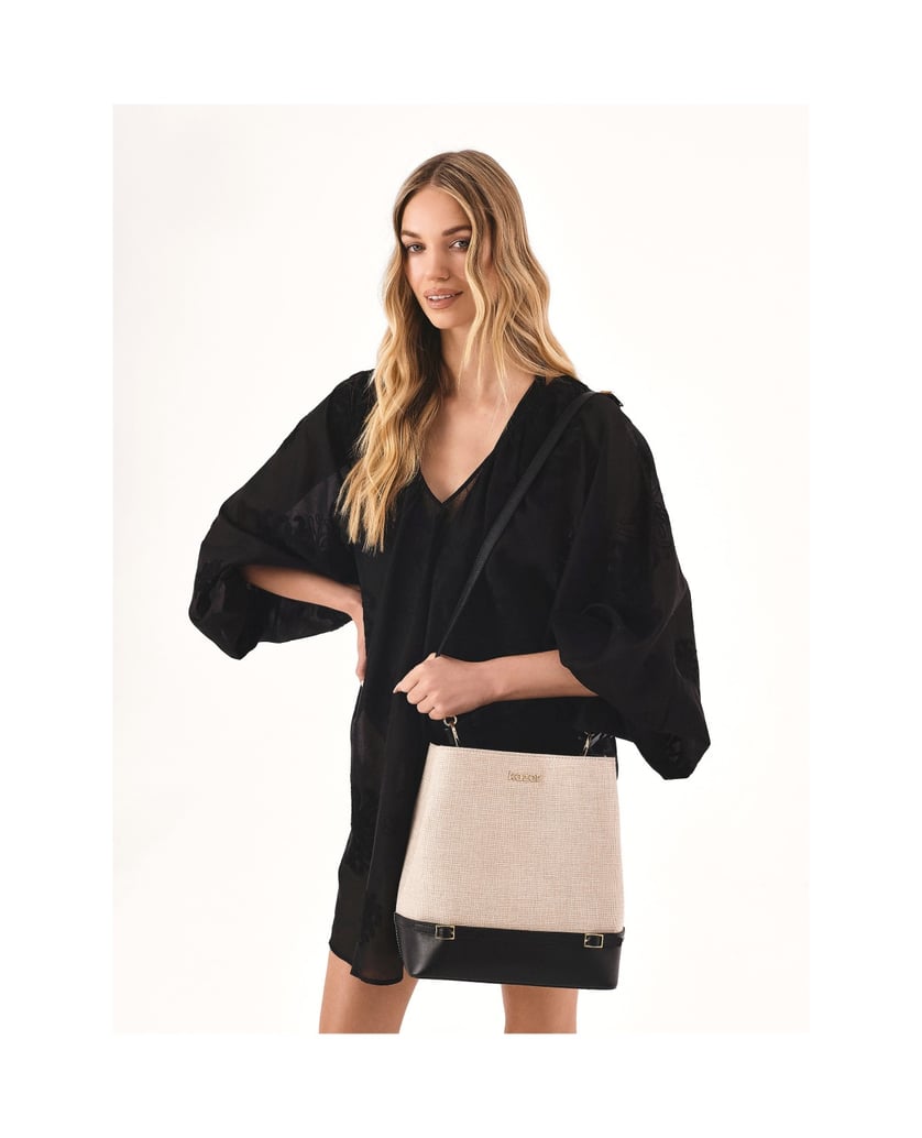 Kazar-Handbag-in-canvas-fabric-and-black-leather-béžová
