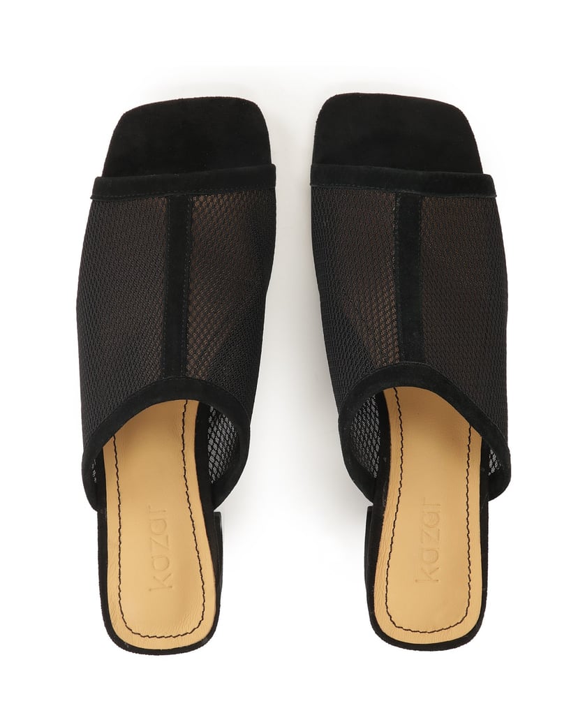 Kazar-Black-mesh-mules-on-a-low-post-černá