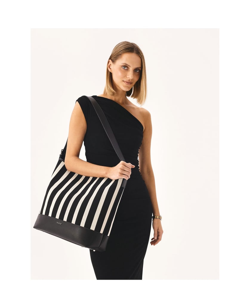 Kazar-Große-gestreifte-Handtasche-aus-Stoff-un-schwarz
