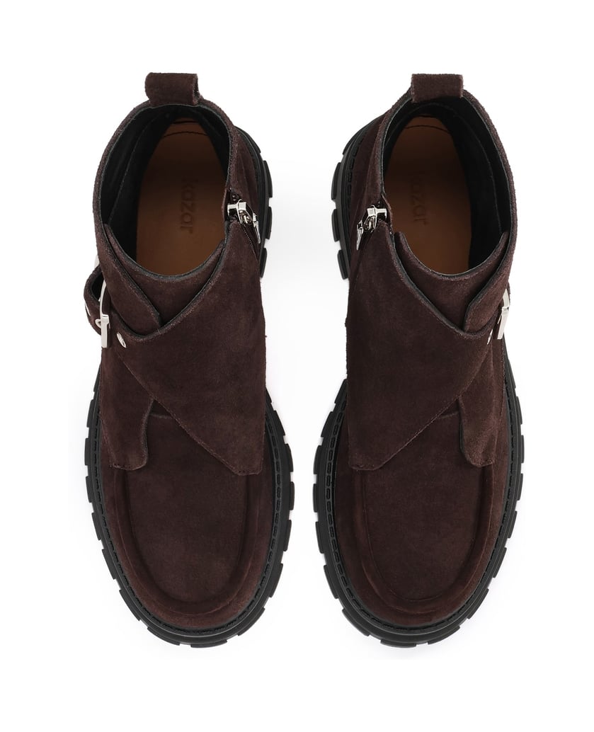 Kazar-Brown-suede-boots-on-a-solid-sole-with-a-decorative-buckle-tmavá-hnedá