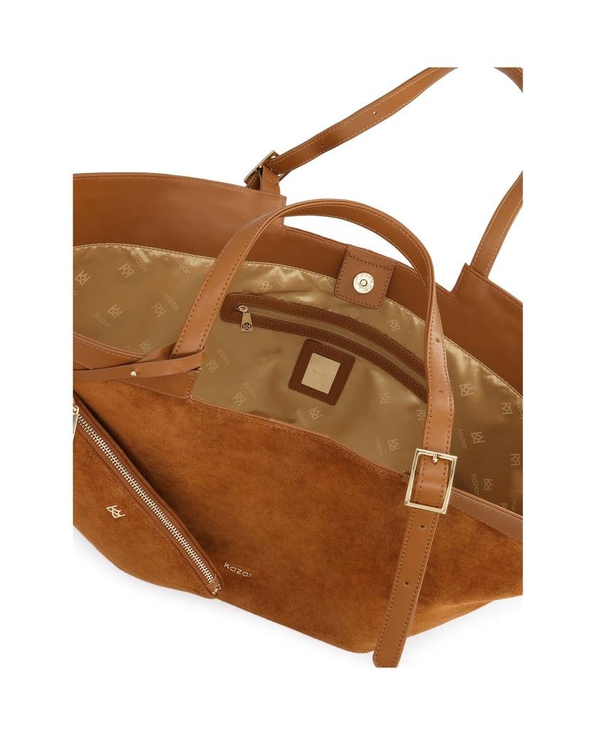 Kazar-Suede-light-brown-trapeze-handbag-velbloudí