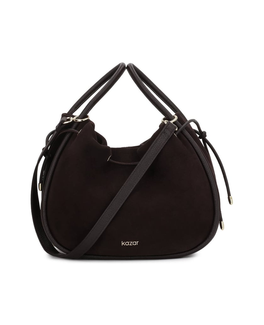 Kazar-Suede-bag-in-dark-brown-color-with-gold-logo-tmavě-hnědá