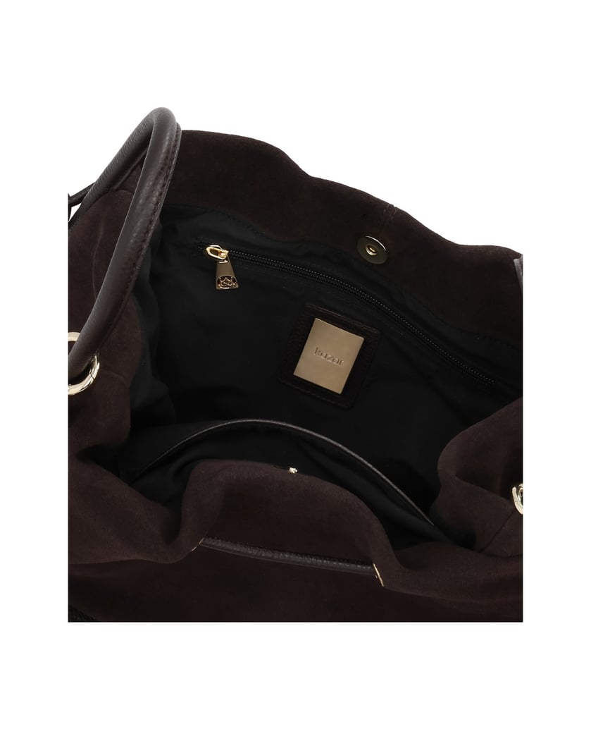 Kazar-Suede-bag-in-dark-brown-color-with-gold-logo-tmavě-hnědá