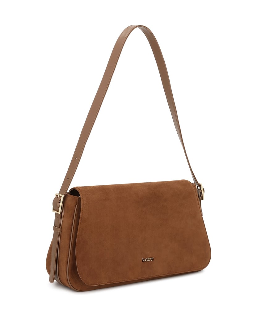 Kazar-Light-brown-suede-handbag-with-KAZAR-logo.-velbloudí