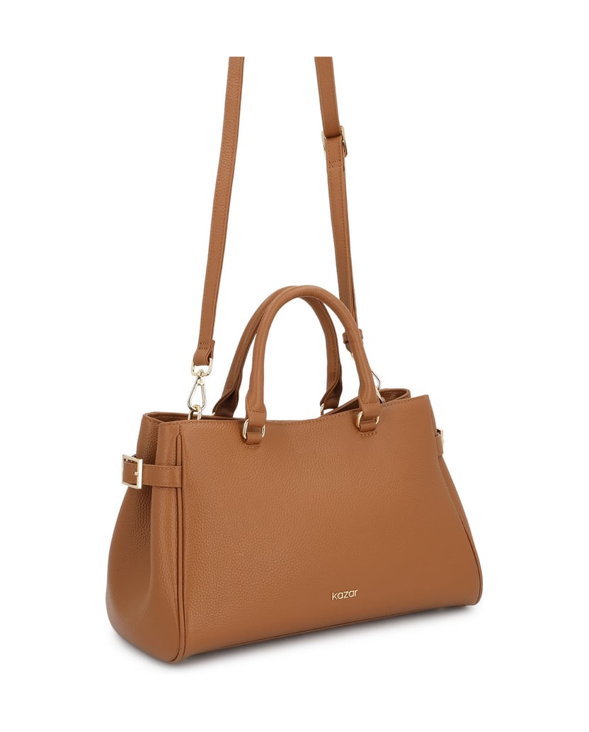 Kazar-Hellbraune-Shopper-Tasche-aus-Leder-mit-seitlichen-Riemen-camel