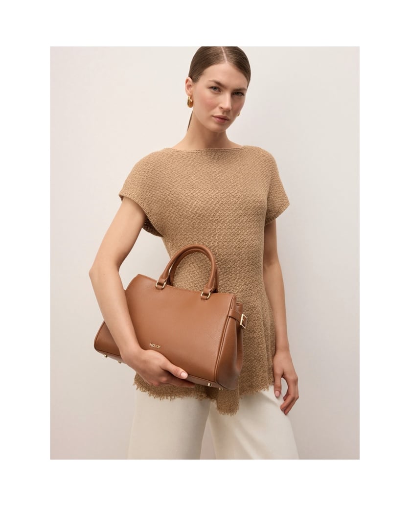 Kazar-Hellbraune-Shopper-Tasche-aus-Leder-mit-seitlichen-Riemen-camel