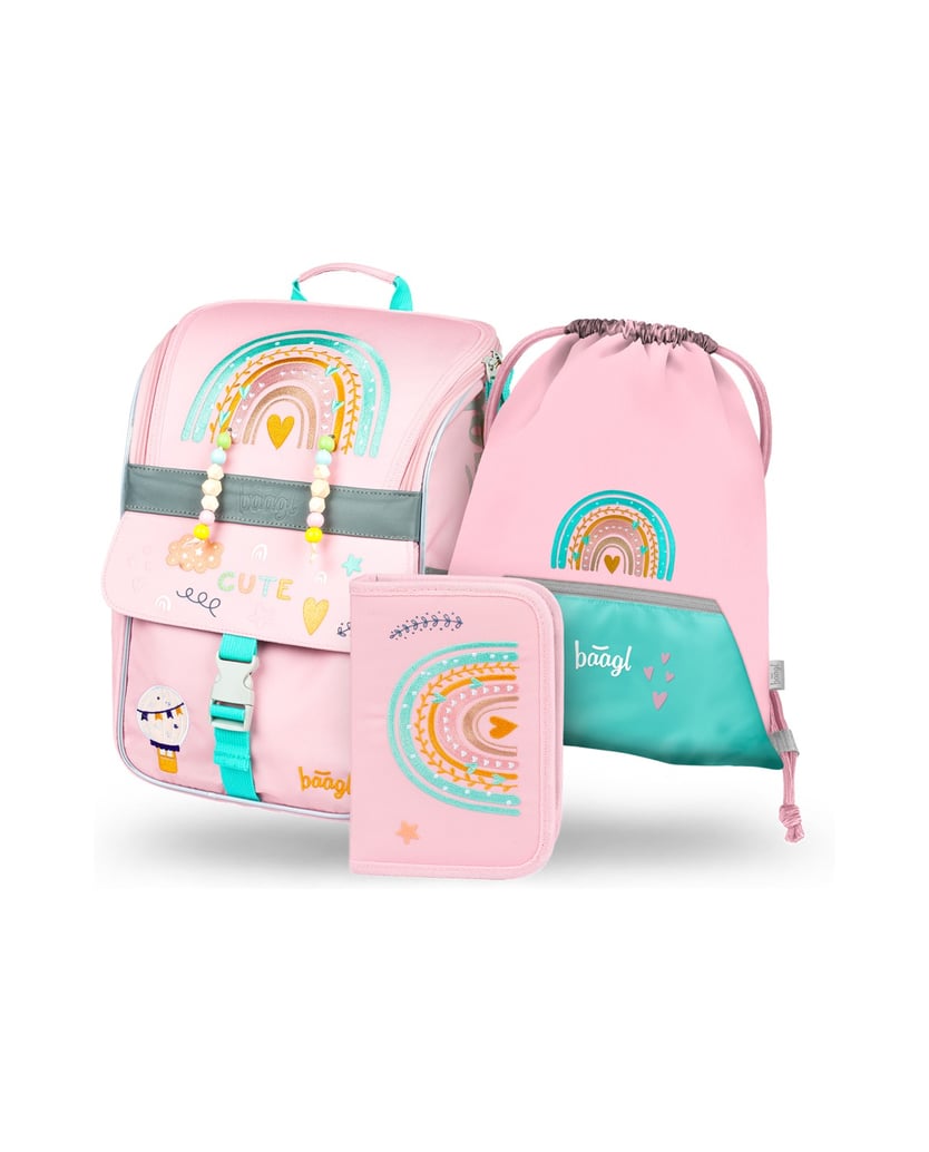 Baagl-Zippy-Regenbogen-Schulranzen-Set-3tlg-rosa