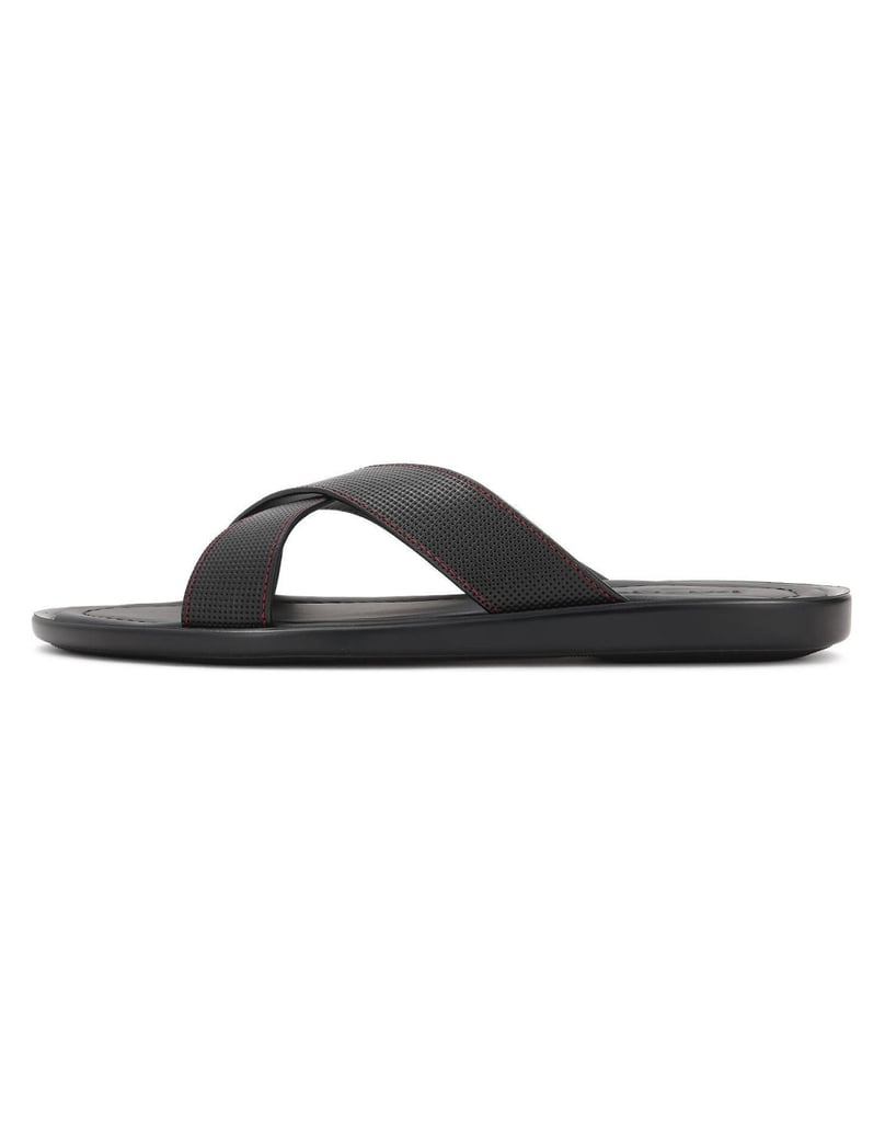 Kazar-Black-leather-men's-slides-with-red-stitching-černá