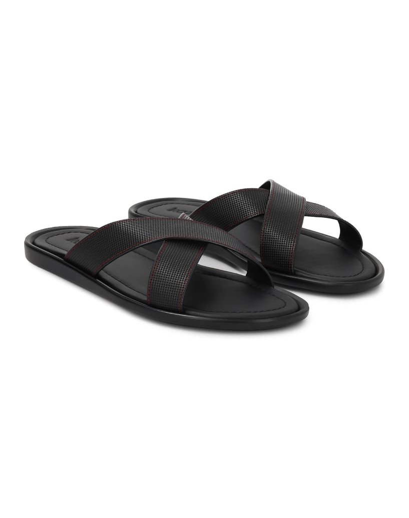 Kazar-Black-leather-men's-slides-with-red-stitching-černá