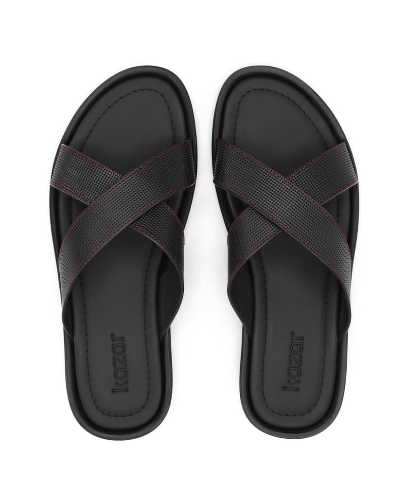 Kazar-Black-leather-men's-slides-with-red-stitching-černá