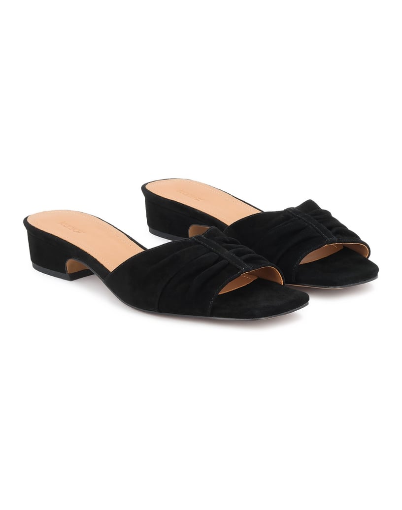 Kazar-Black-suede-mules-with-crinkle-upper-černá