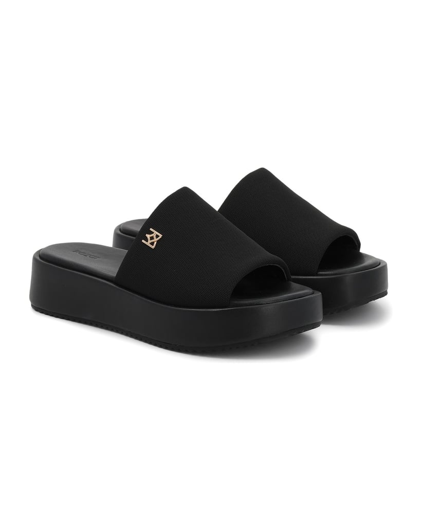 Kazar-Black-fabric-slides-on-a-thick-sole-with-a-gold-monogram-čierna