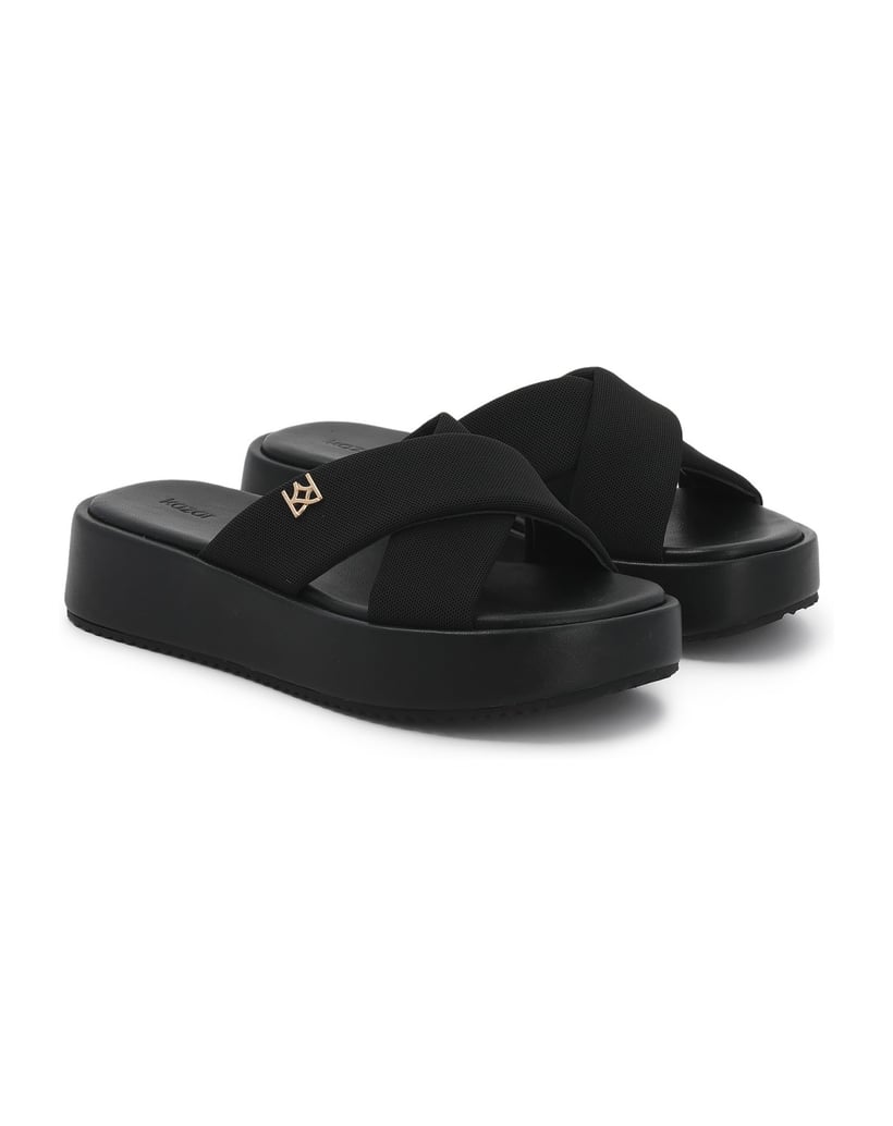 Kazar-Black-slides-on-a-thick-sole-with-fabric-straps-černá