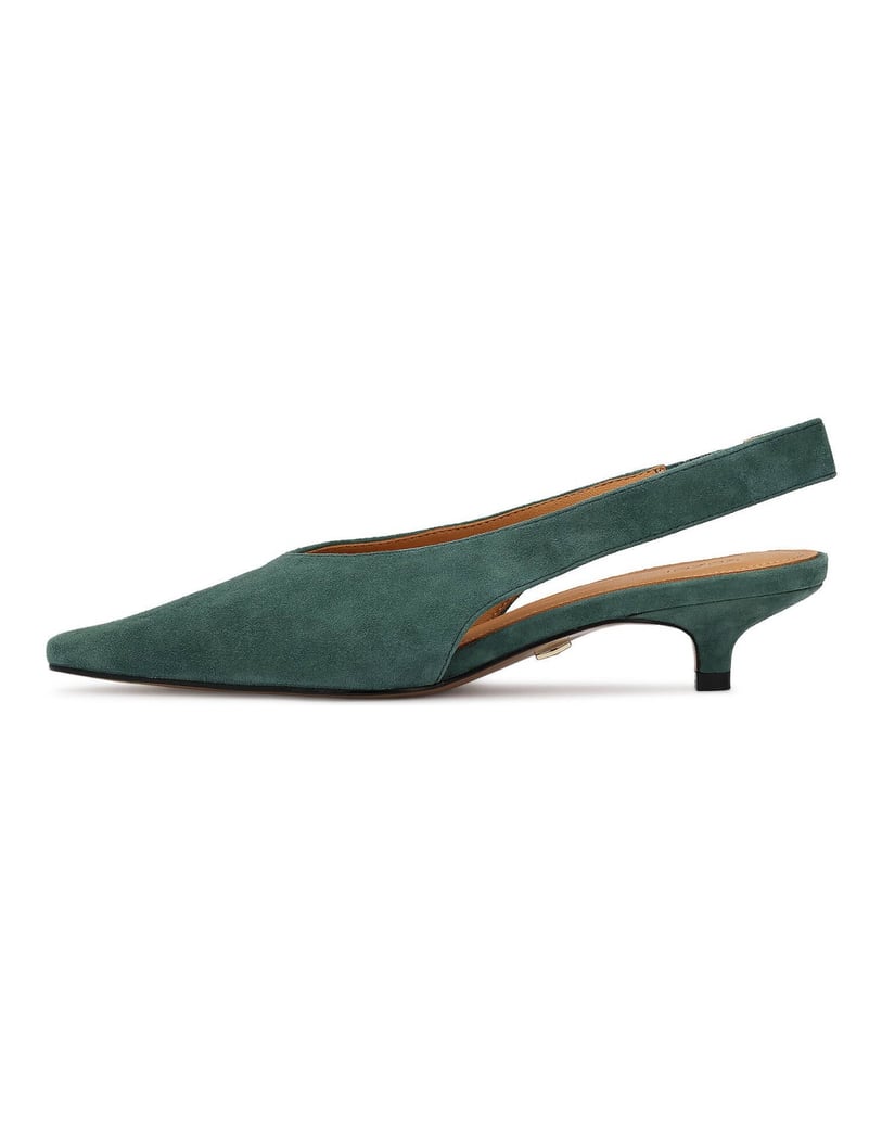 Kazar-Green-suede-pumps-with-open-heel-and-low-duckbill-heel-zelená
