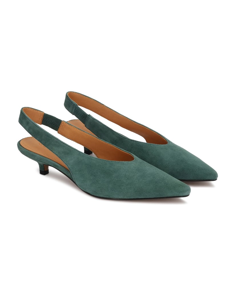 Kazar-Green-suede-pumps-with-open-heel-and-low-duckbill-heel-zelená