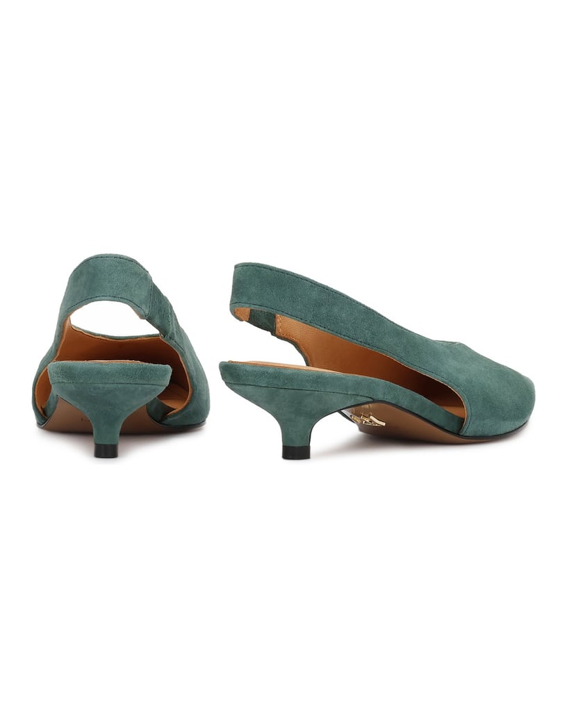 Kazar-Green-suede-pumps-with-open-heel-and-low-duckbill-heel-zelená
