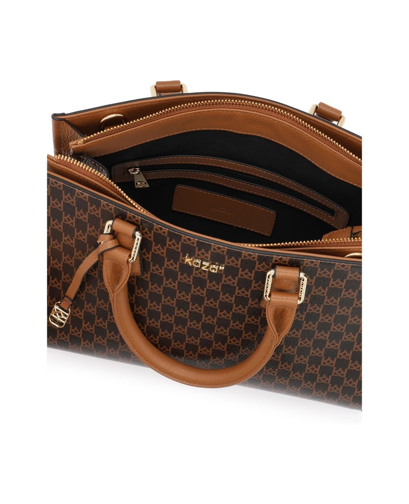 Kazar-Leather-handbag-with-monograms-and-metal-details-tmavá-hnedá