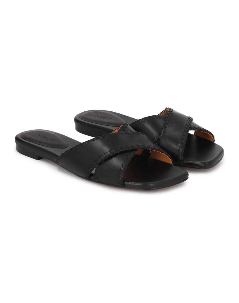Kazar-Flache-Flip-Flops-aus-Leder-mit-breiten-Gürteln-schwarz