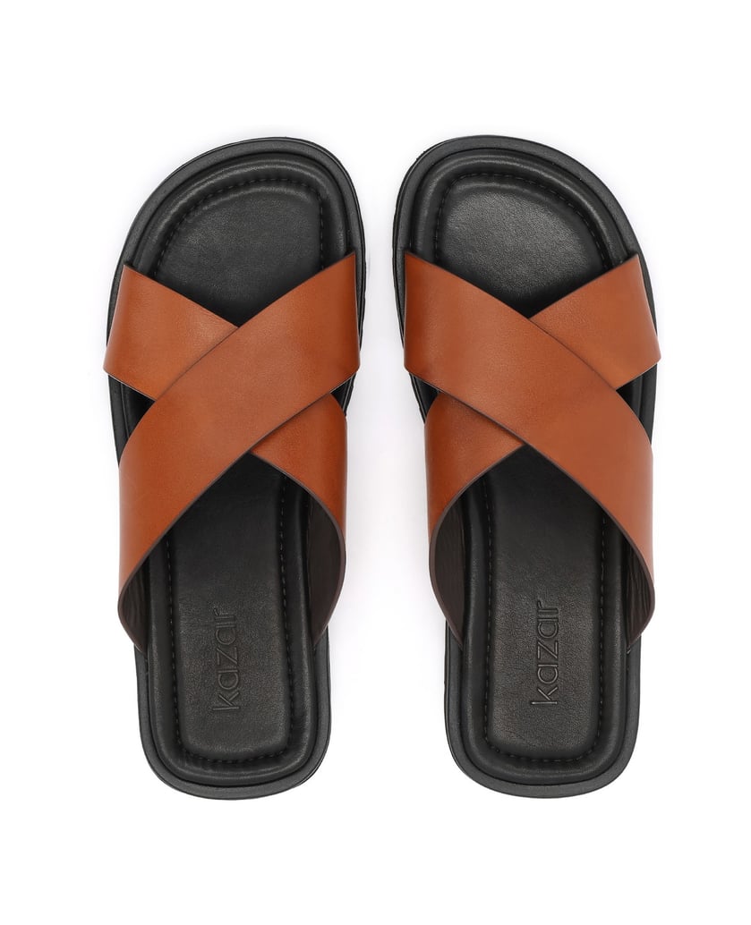 Kazar-Brown-leather-slides-with-wide-straps-hnedá
