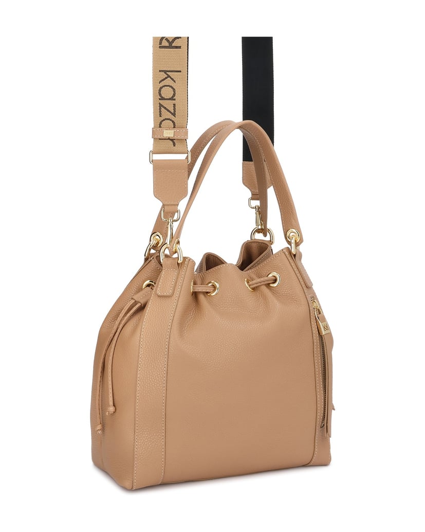 Kazar-Beige-leather-bucket-bag-with-strap-béžová