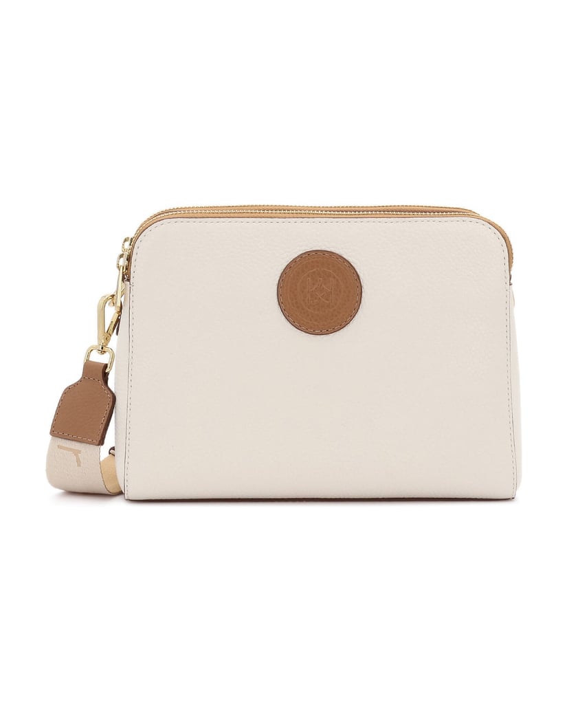 Kazar-Handtasche-aus-weißem-und-braunem-Leder-mit-Gürteln-mit-Logo-weiss