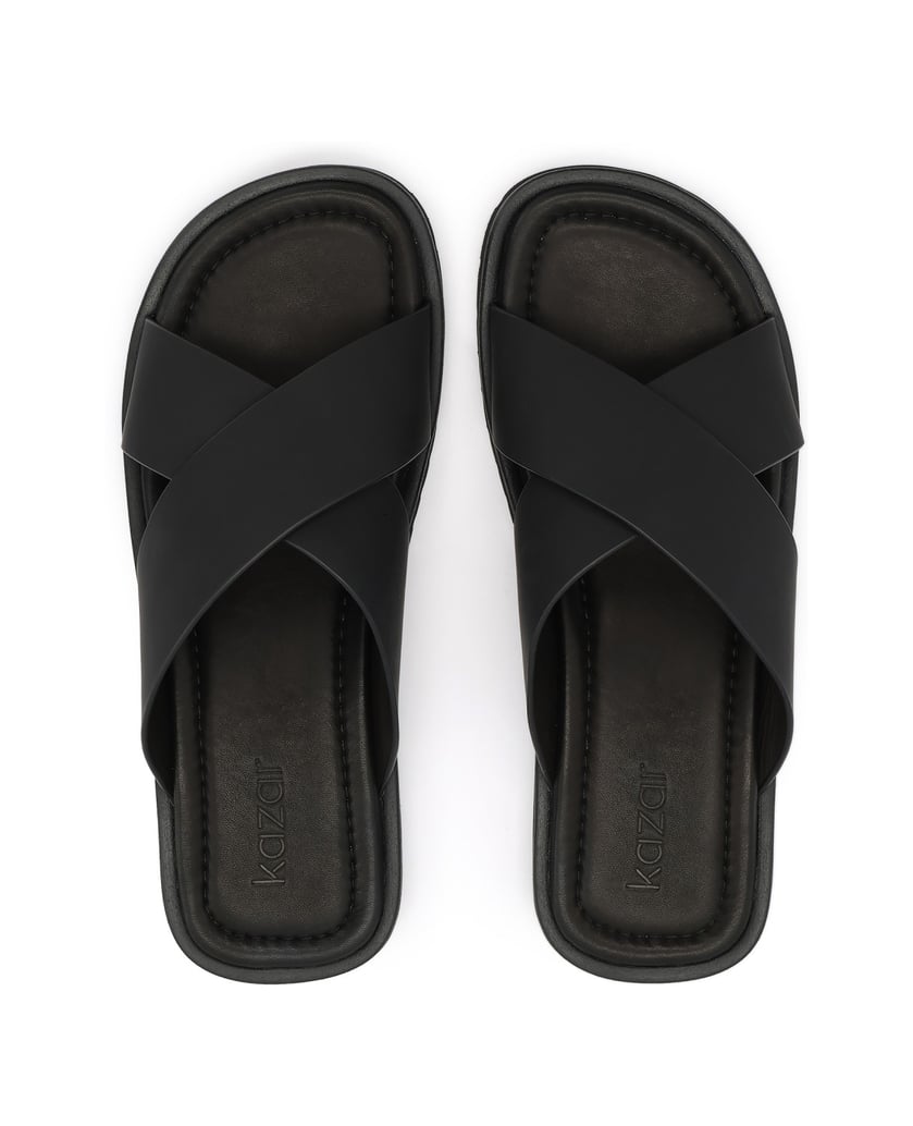 Kazar-Black-leather-slides-with-crossed-straps-černá