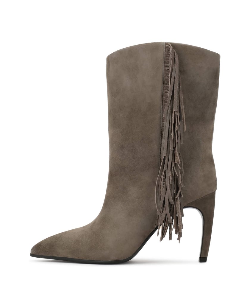Kazar-Taupe-suede-booties-with-fringe-and-stiletto-heel-tmavošedá